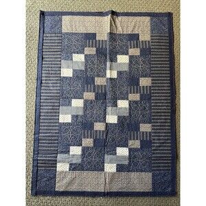 Baby Quilt Handmade Americana Folk Art Blue 33x43 Embroidered Cotton Lap Blanket